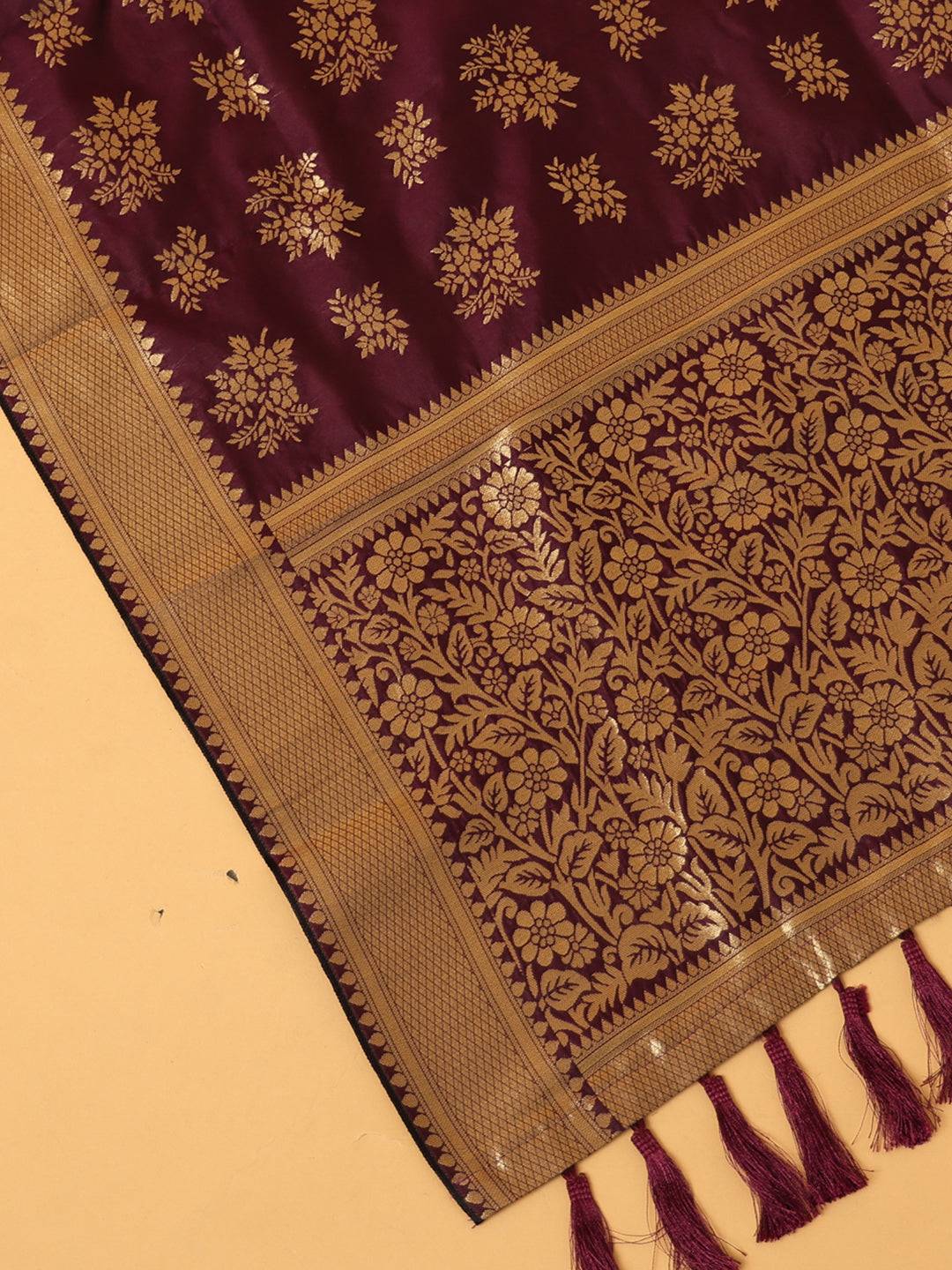 Close-up of wine silk blend dupatta with intricate design