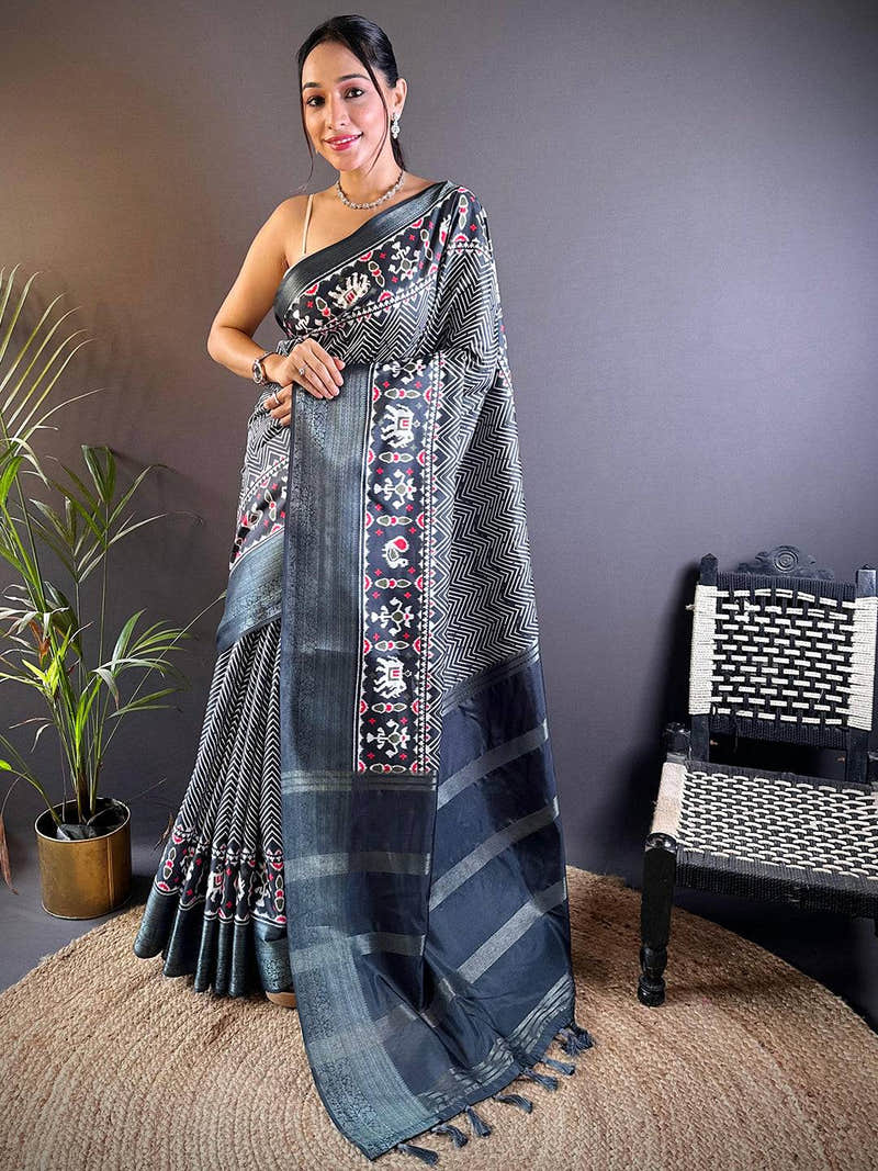 Grey Zig Zag Kalamkari Kanchi Silk Saree