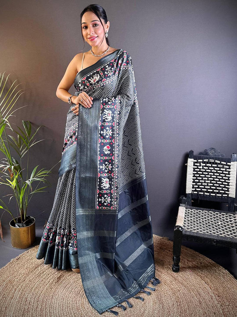 Grey Zig Zag Kalamkari Kanchi Silk Saree