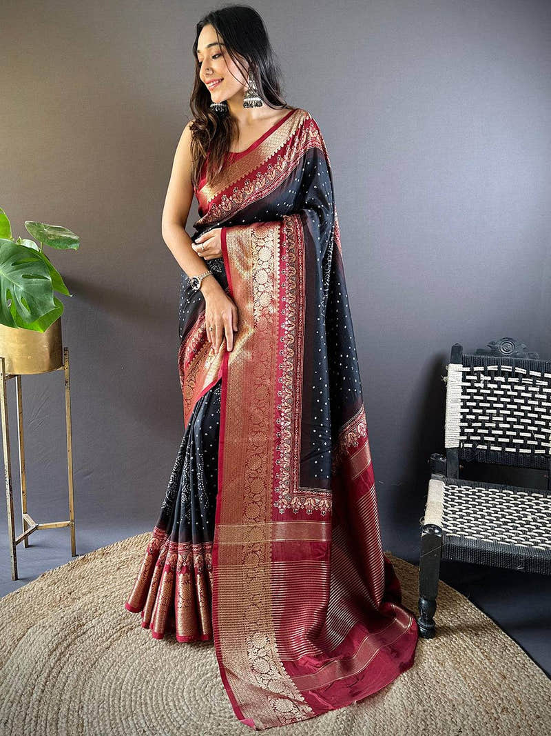 Black Graceful Bandhej Silk Saree