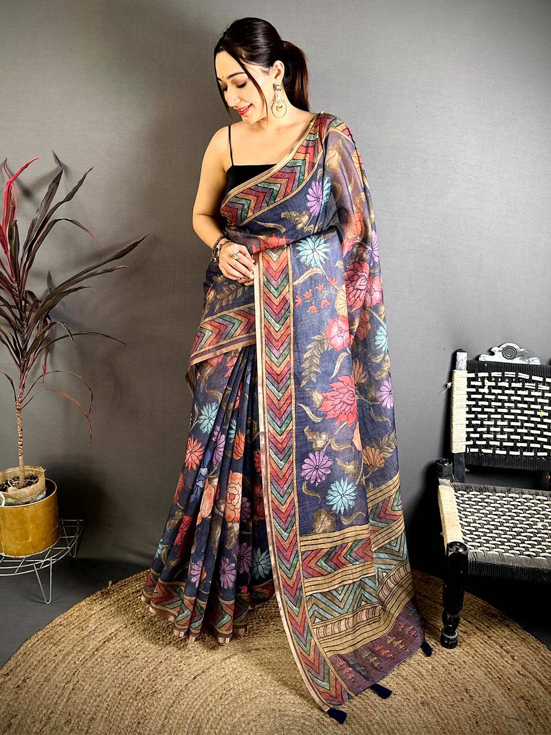 Purple Kalamkari Linen Chanderi Saree