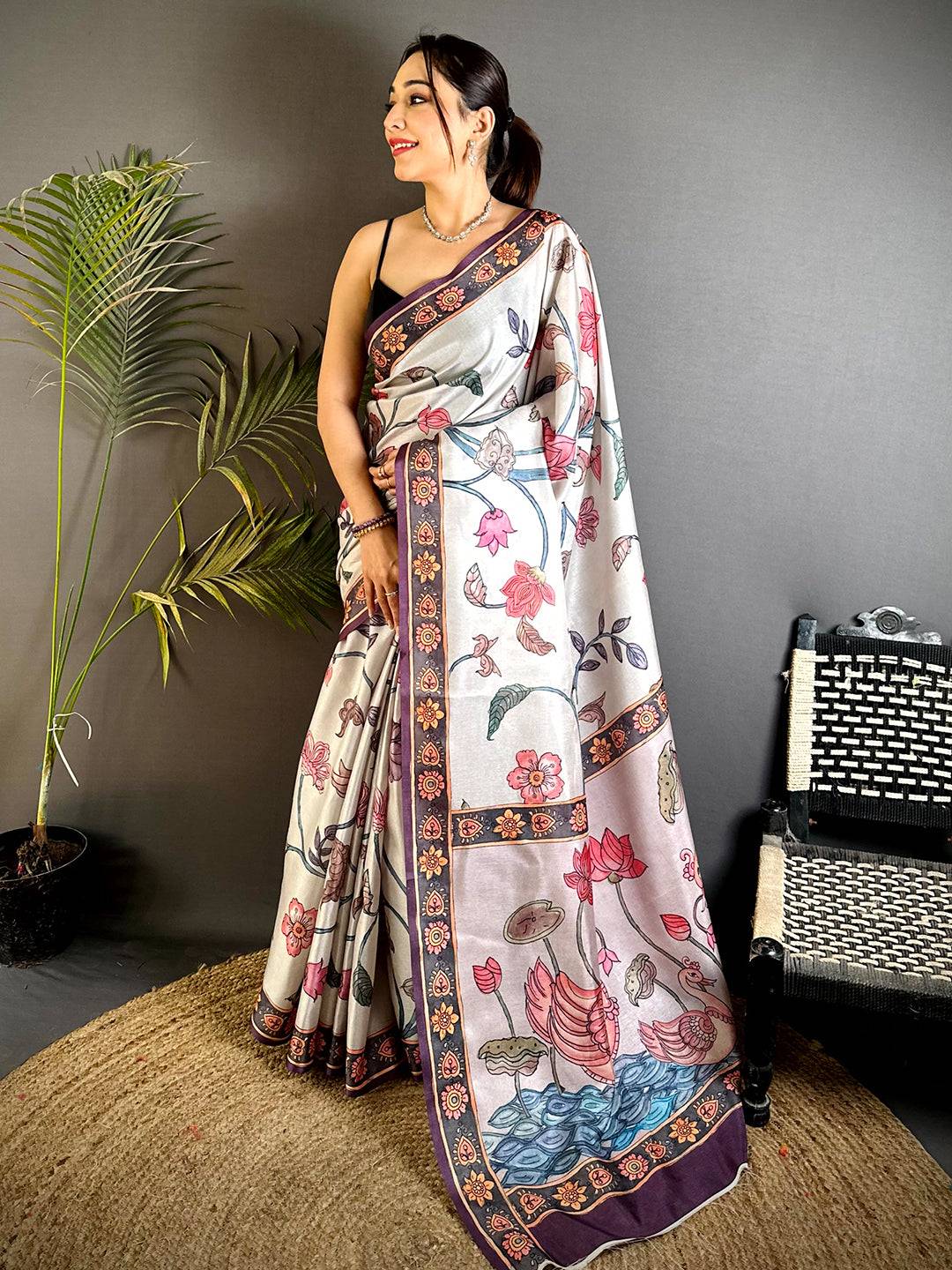 Graceful Swan Pen Kalamkari Art Saree
