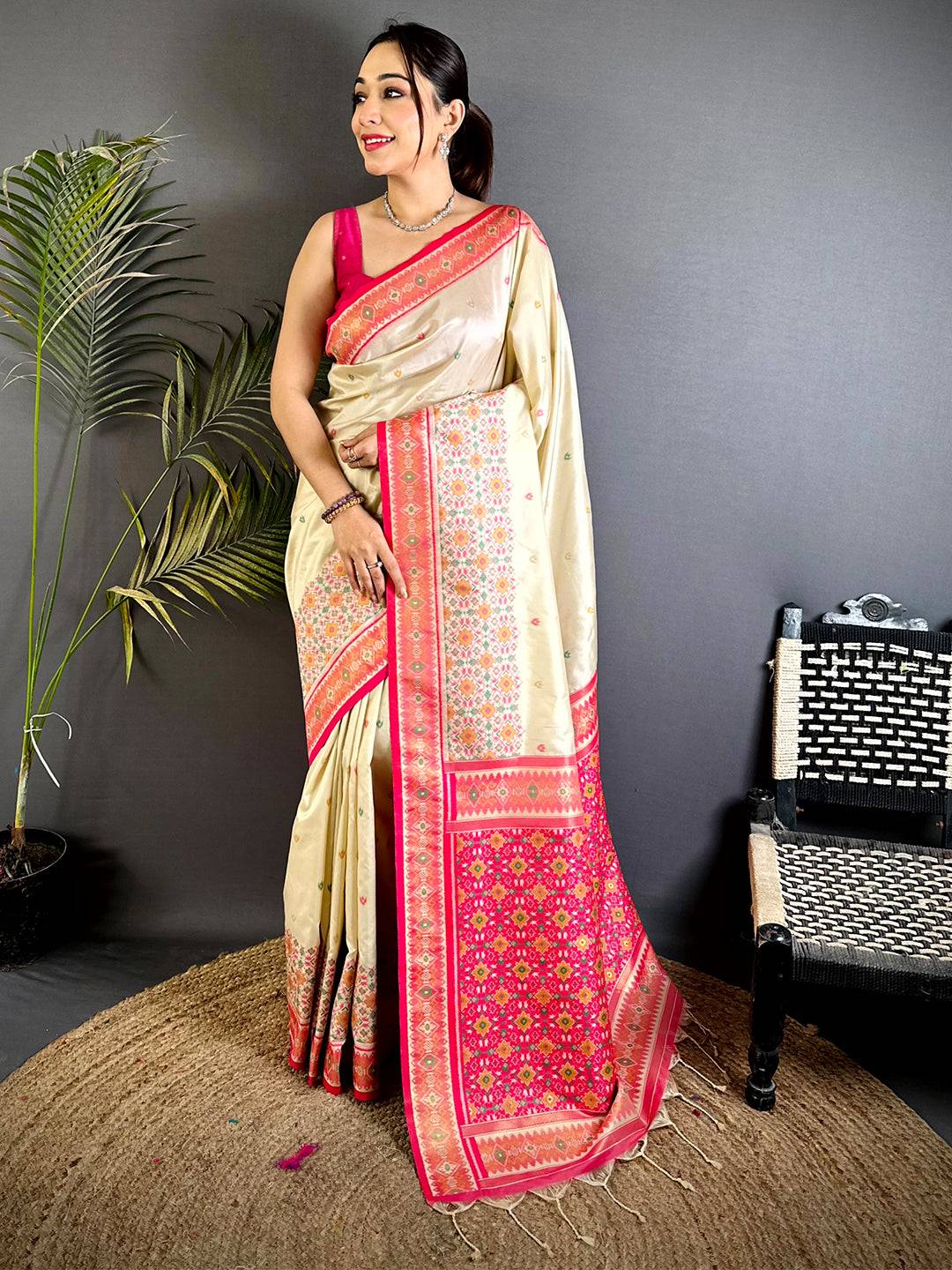 Cream Double Ikat Soft Silk Saree