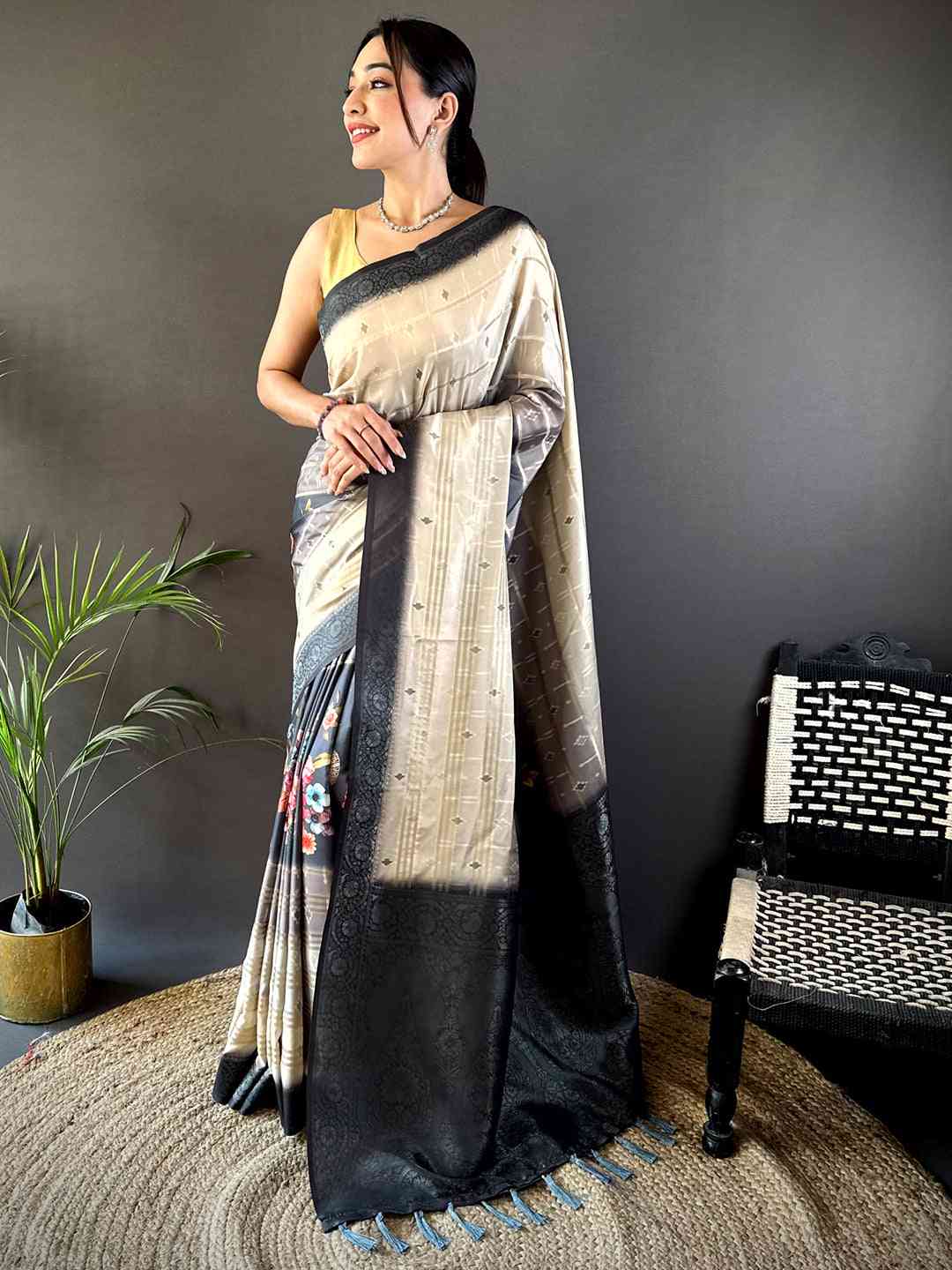 Beige Kalamkari Ombre Crepe Silk Saree