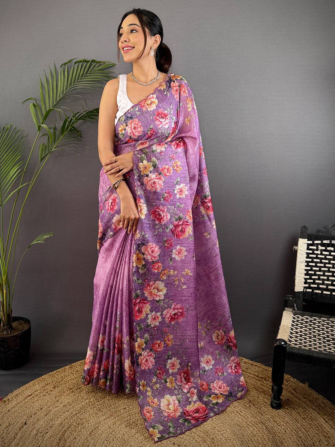 Lavender Kota Doriya Floral Cut Work Saree