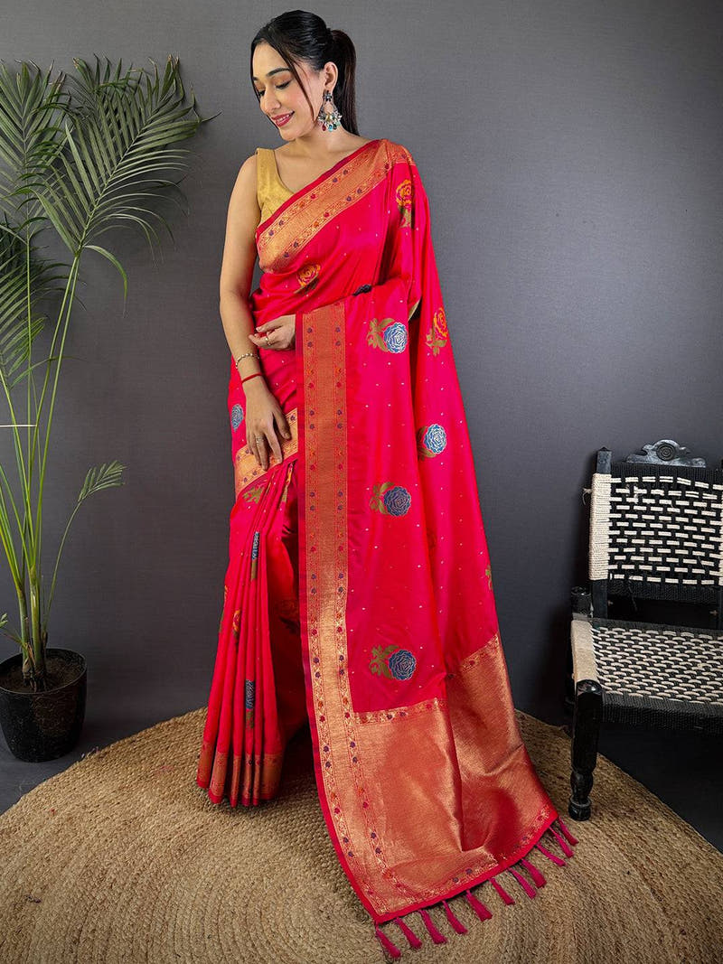 Pink Soft Silk Flowerport Minakari Saree