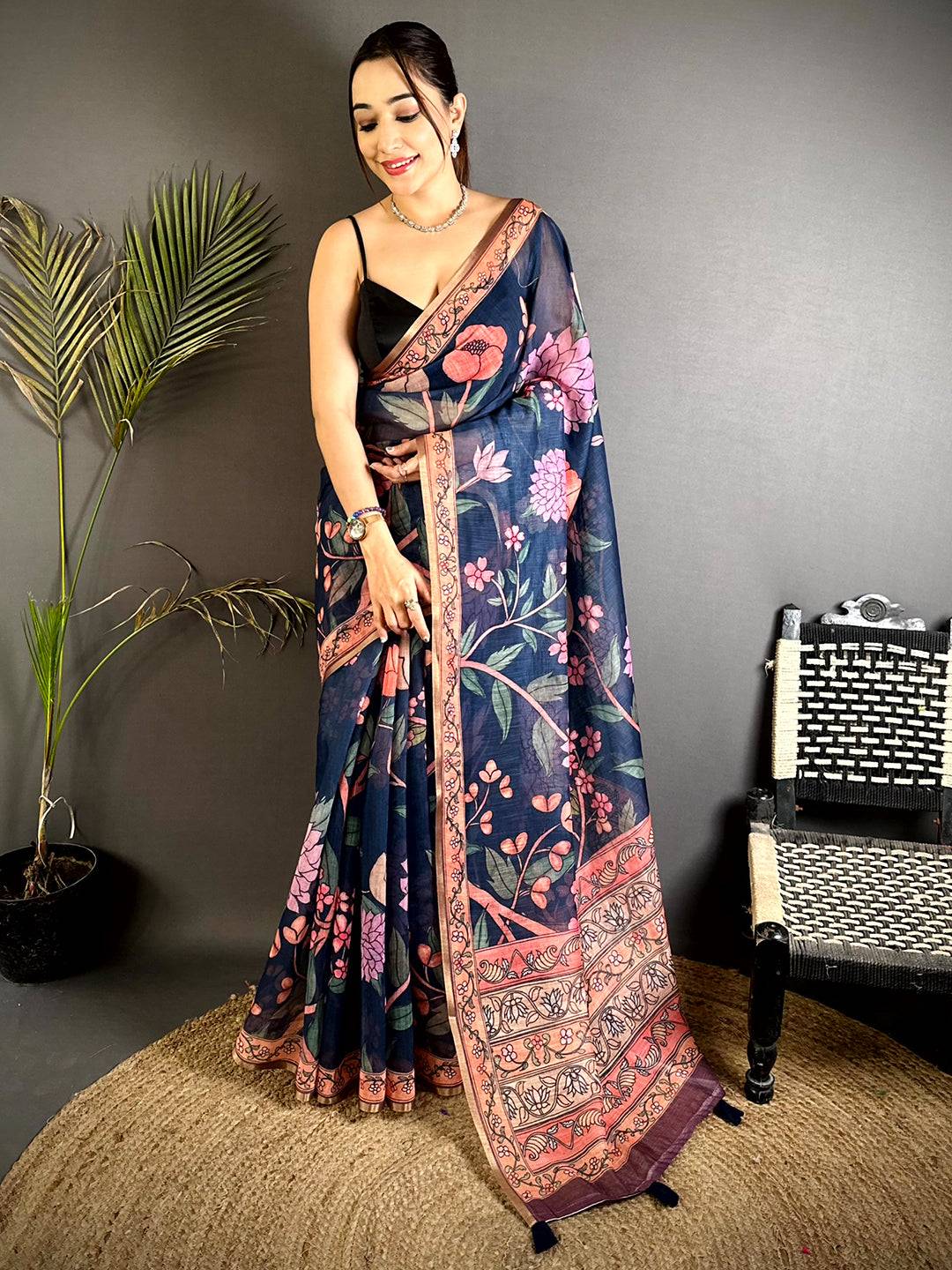 Navy Floral Soft Linen Summer Saree