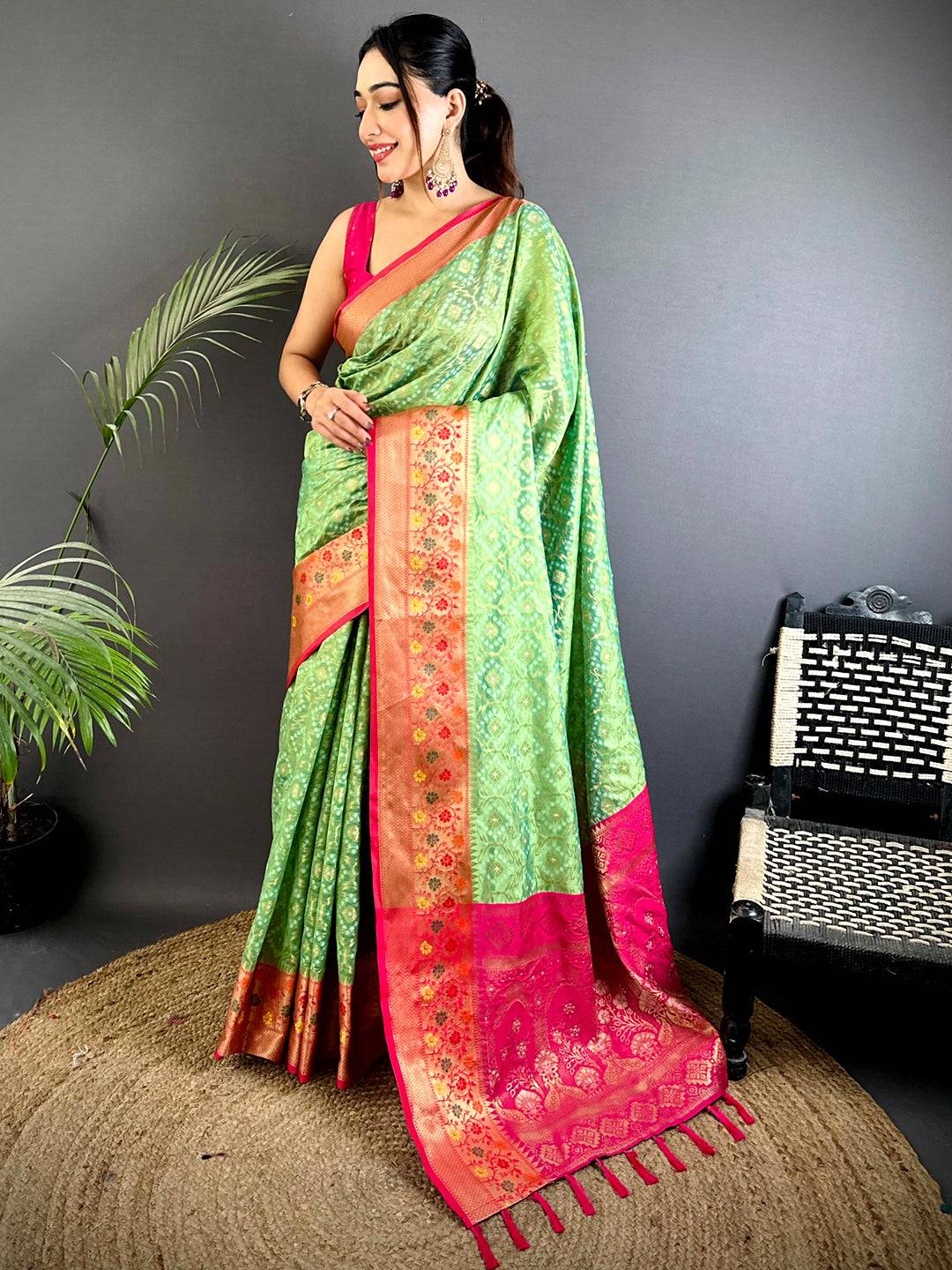 Green Banarasi Minakari Katan Silk Saree