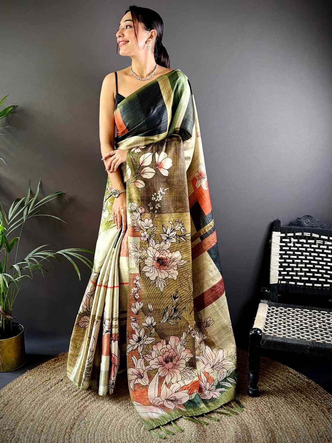 Light Green Tussar Zari Floral Saree