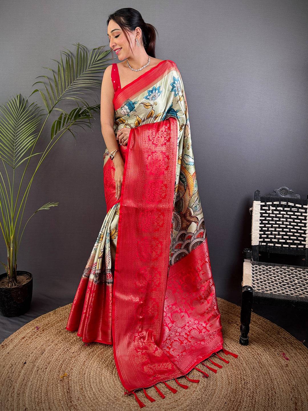 Ivory Kalamkari Printed Soft Satin Saree