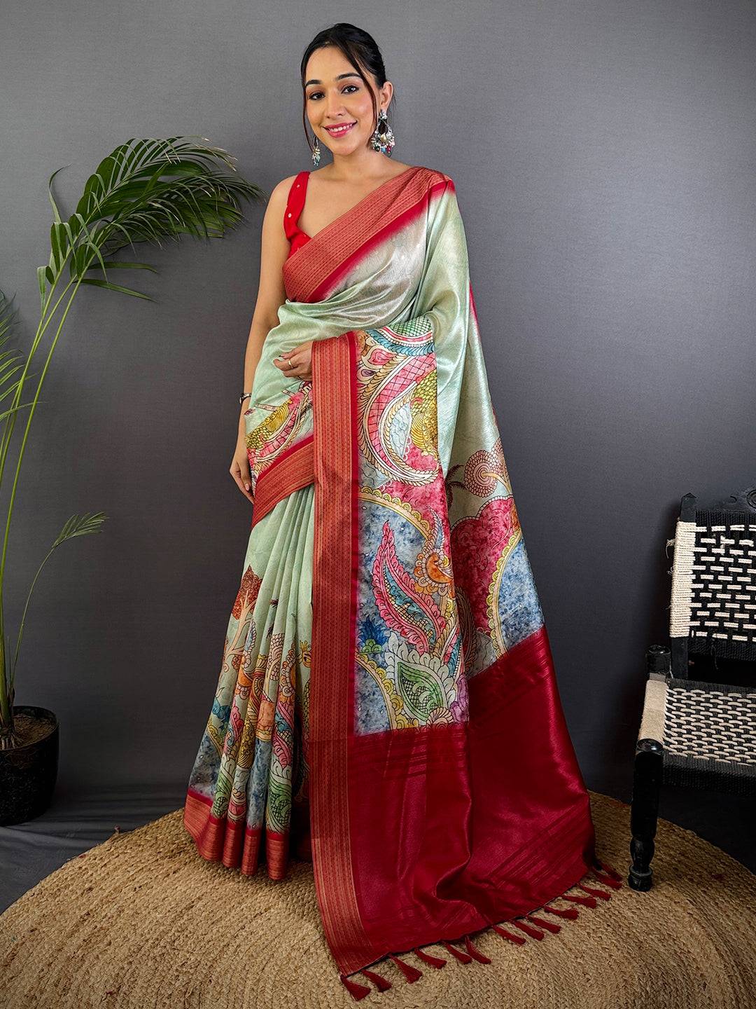 Turquoise Blue Tussar Silk Kalamkari Print Saree