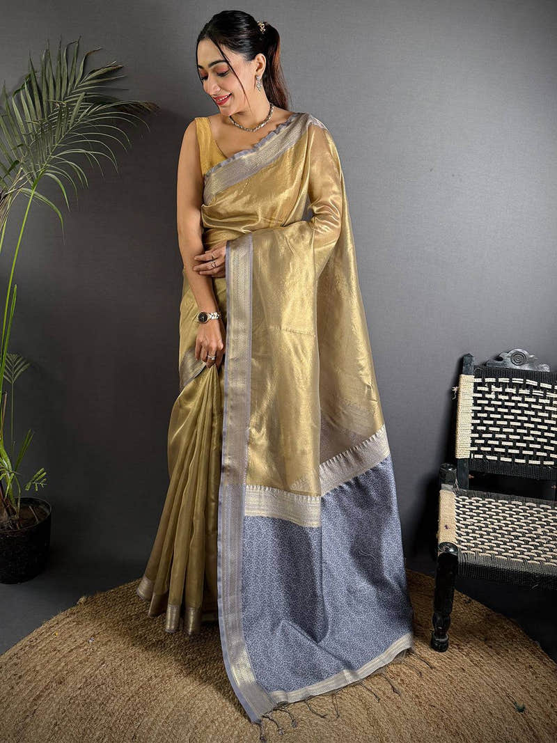 Radiant Lavender Gold Zari Tissue Saree