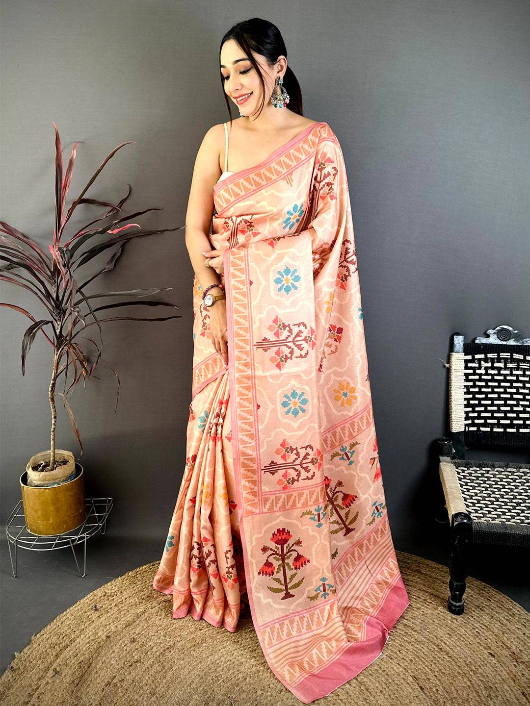 Peach Tussar Floral Digital Art Saree