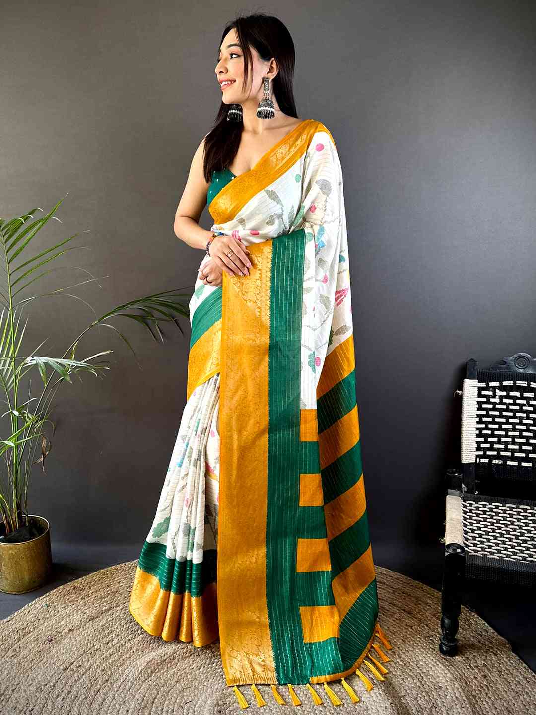 Mustard Dola Silk Bird Print Saree
