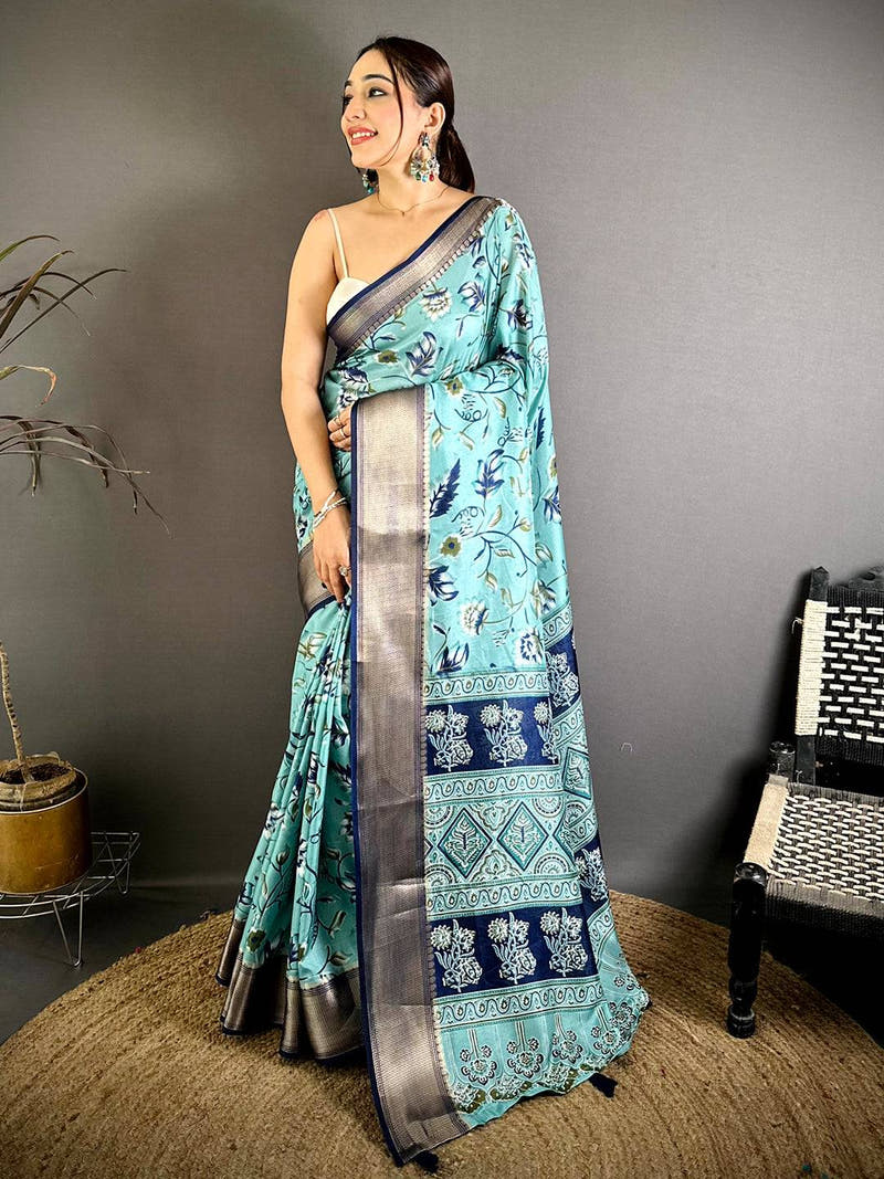 Aqua Soft Dola Silk Floral Kanchi Border Saree