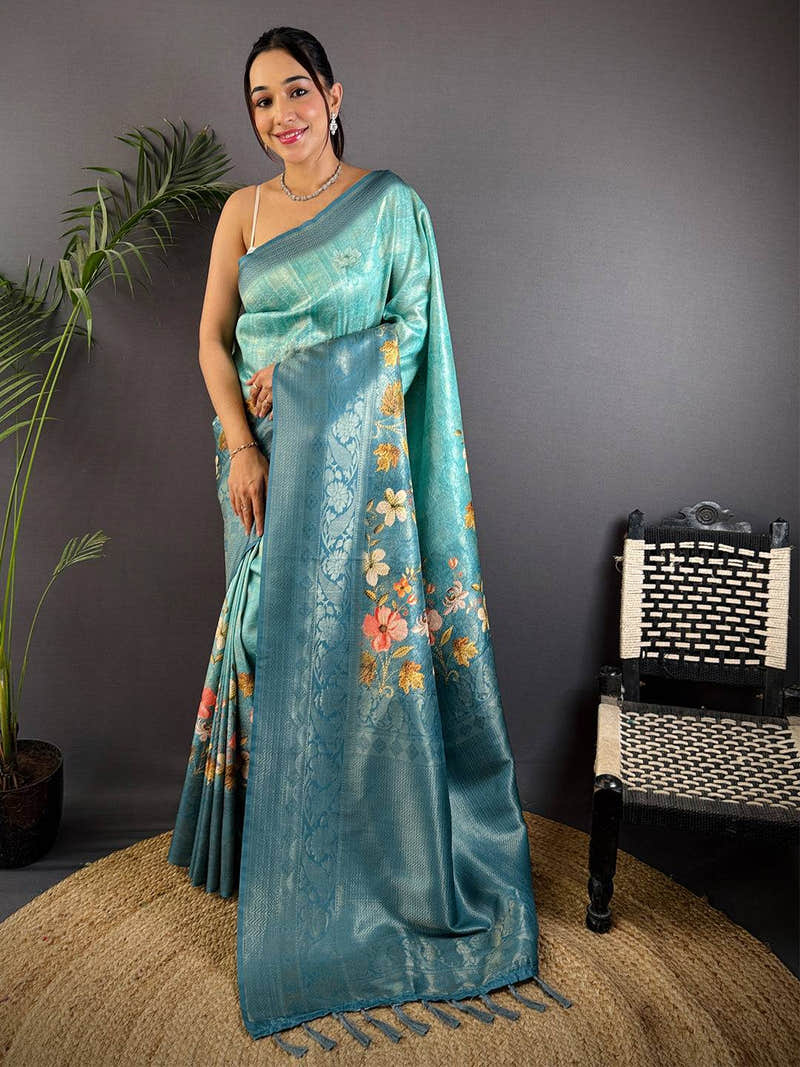 Denim Blue Kanjivaram Silk Digital Print Saree