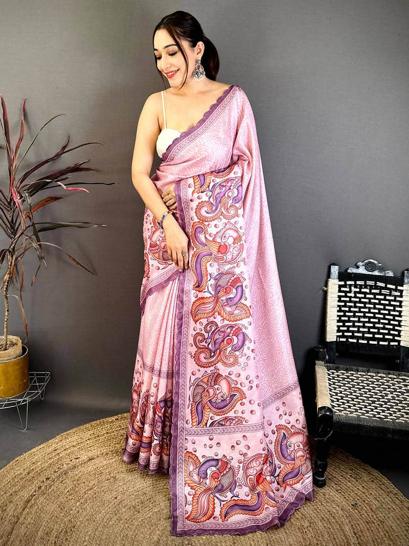 Lavender Kalamkari Tussar Cutwork Saree