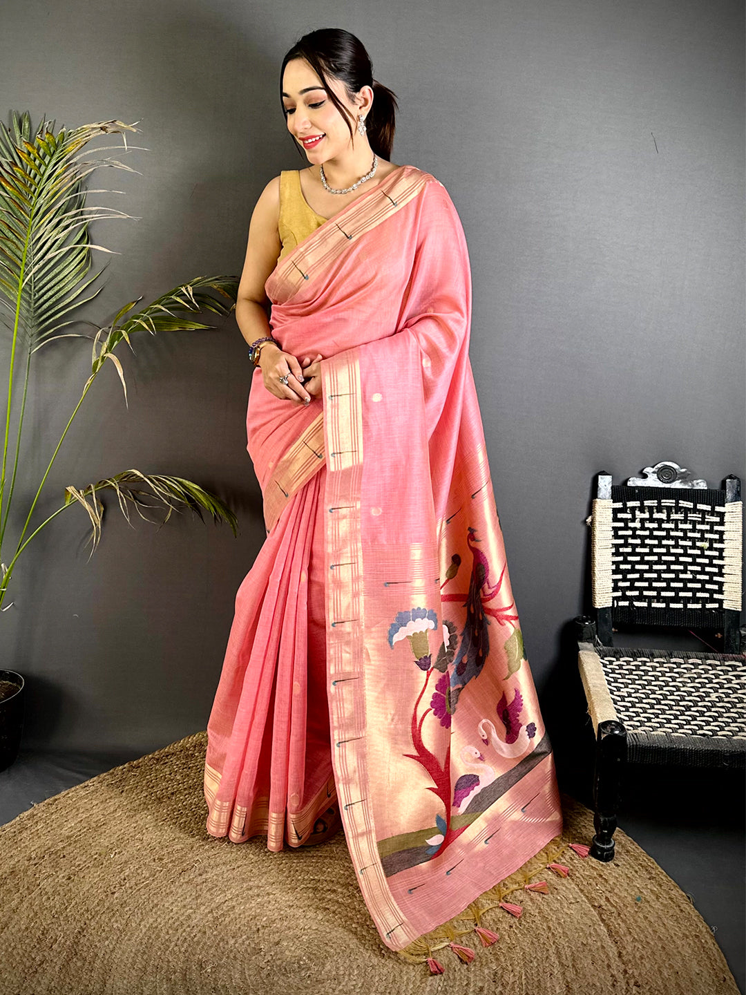 Peach Minakari Grace Khadi Linen Saree