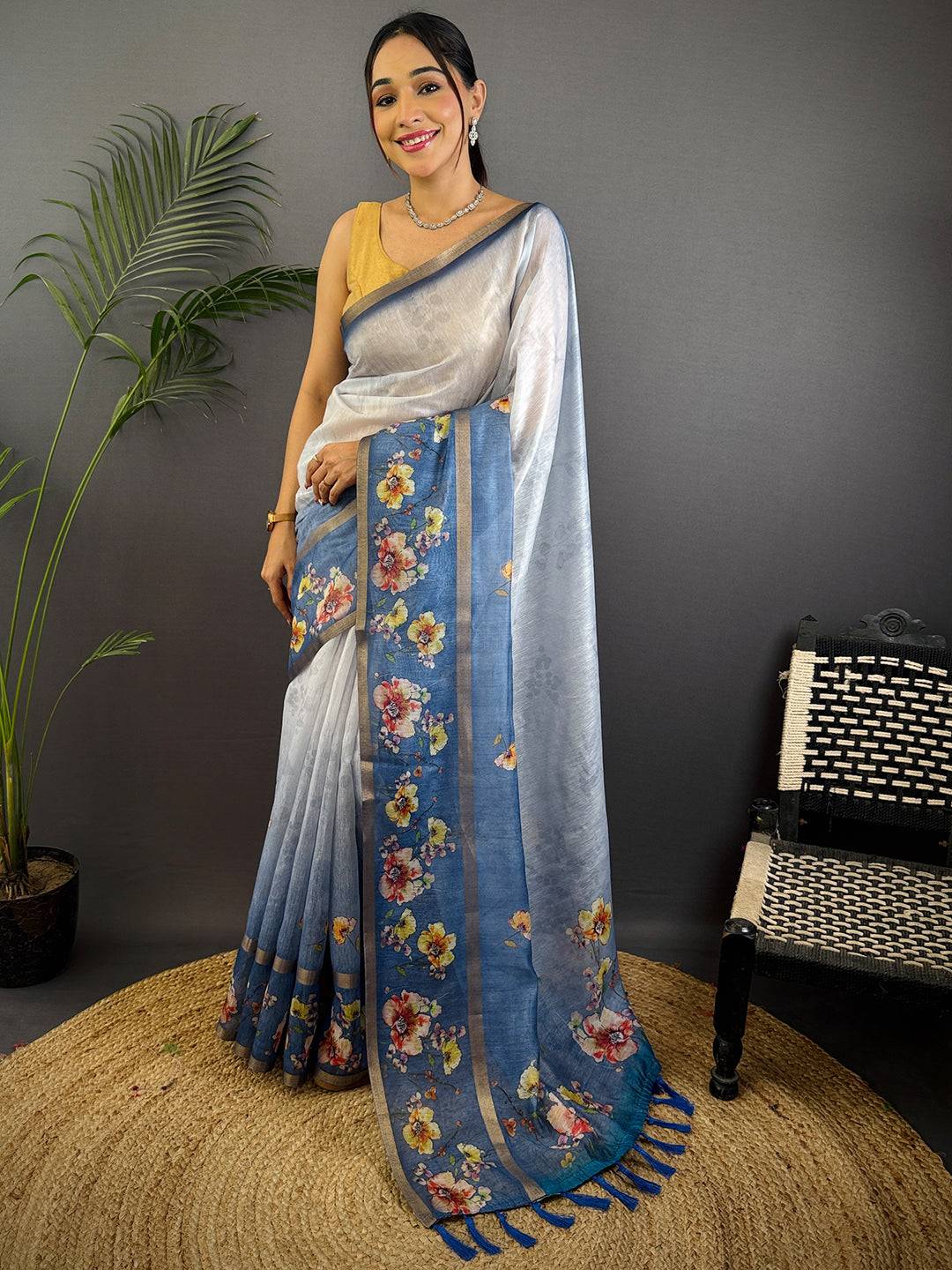Denim Blue Linen Chanderi Floral Print Saree