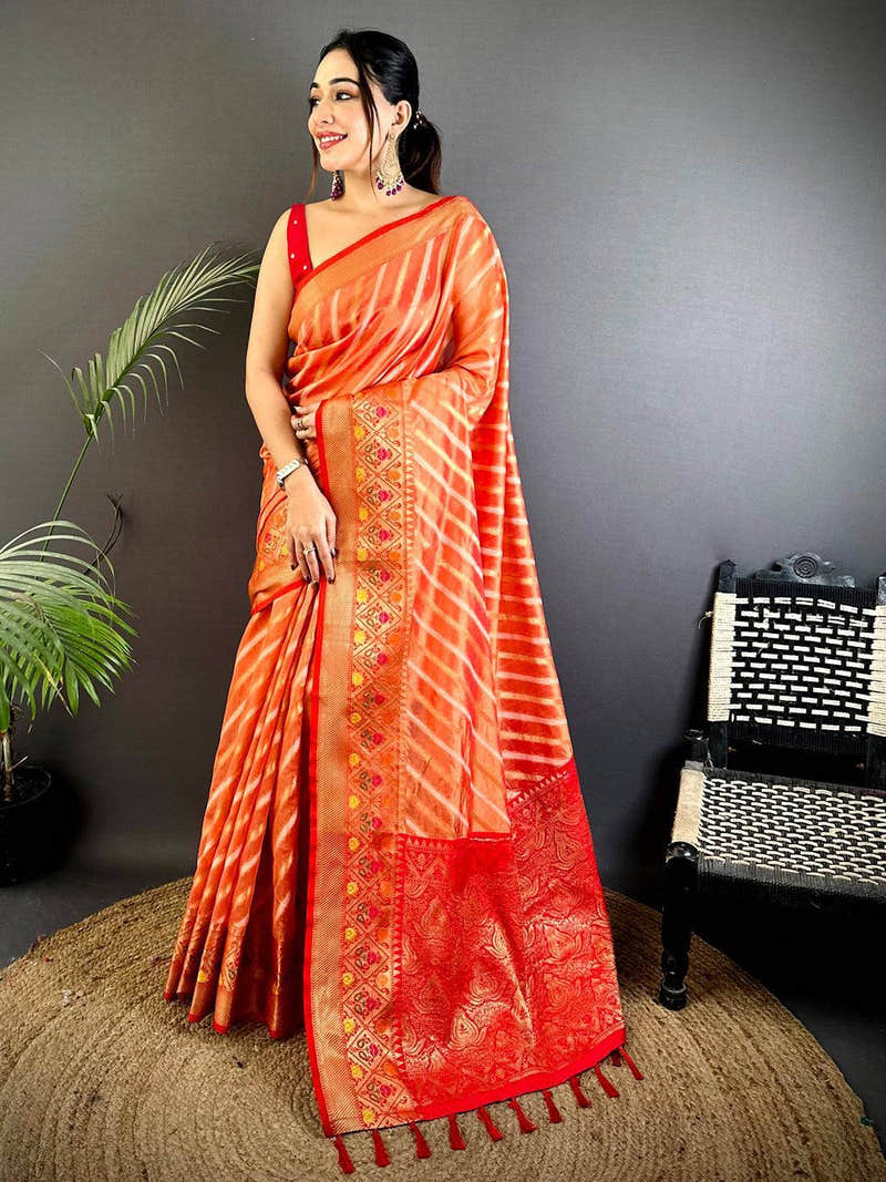 Peach Banarasi Lehriya Katan Silk Saree