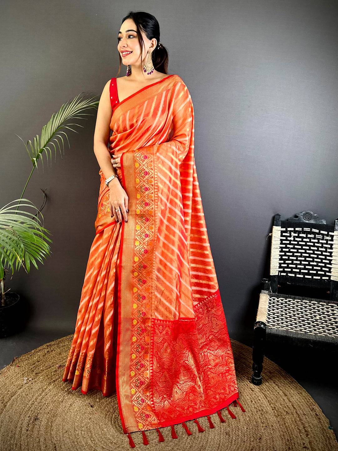 Peach Banarasi Lehriya Katan Silk Saree