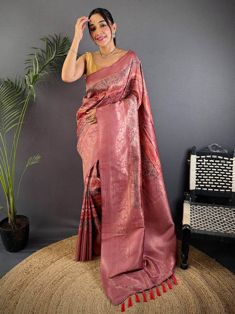Rust Red Kanjivaram Silk Digital Print Saree
