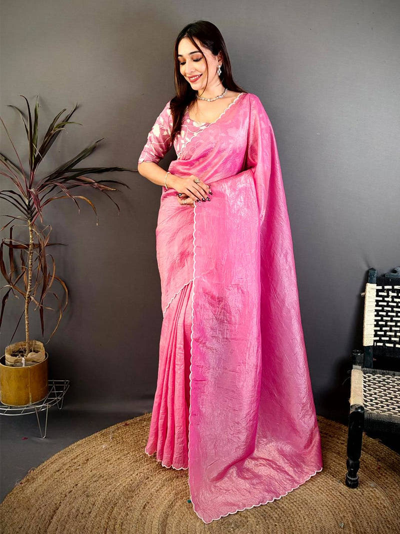 Baby Pink Bariq Cutwork Crash Silk Saree
