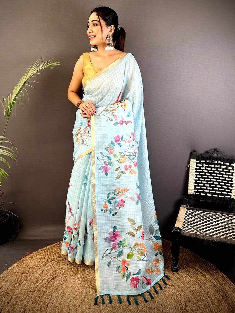Sky Blue Linen Chex Floral Saree