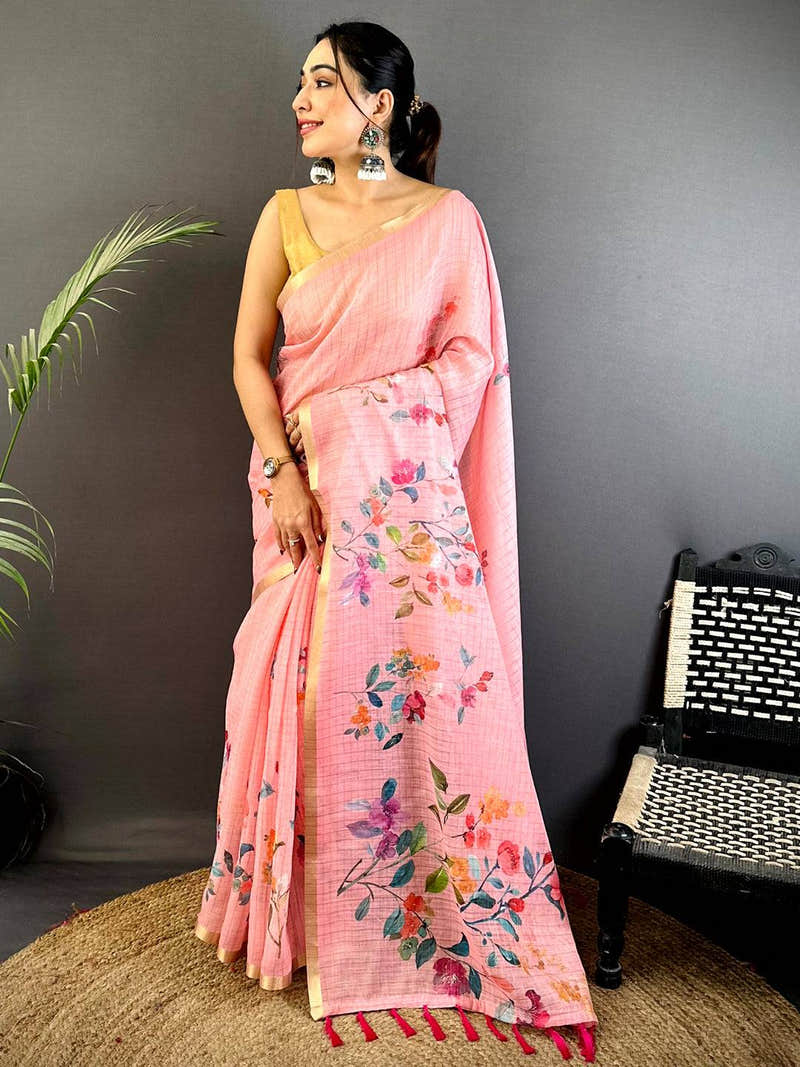 Rose Pink Linen Chex Floral Saree