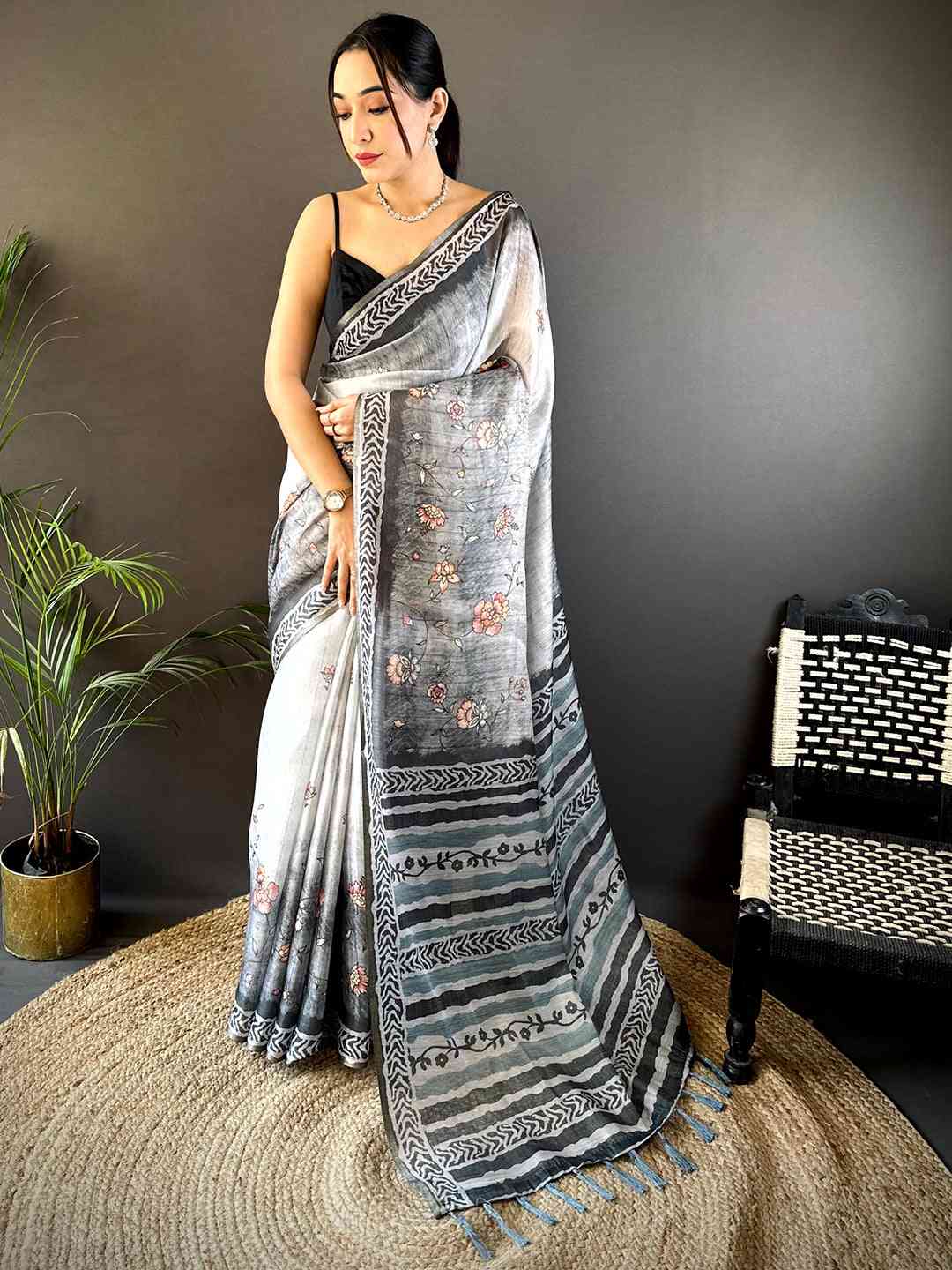 Grey Tissue Digital Print Saree