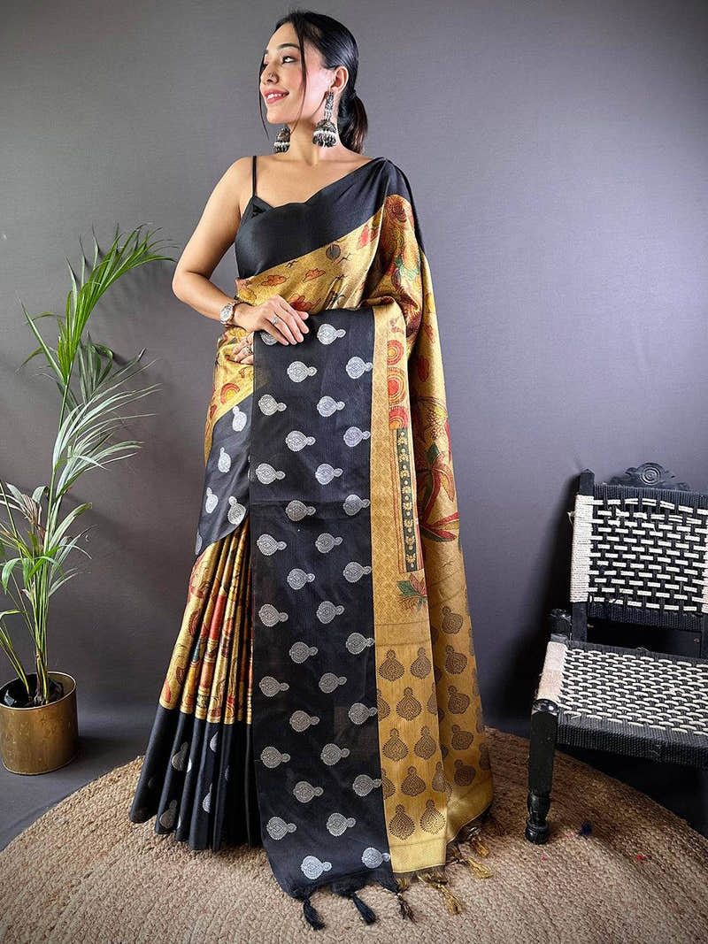 Mustard Yellow Kora Silk Kalamkari Print Saree