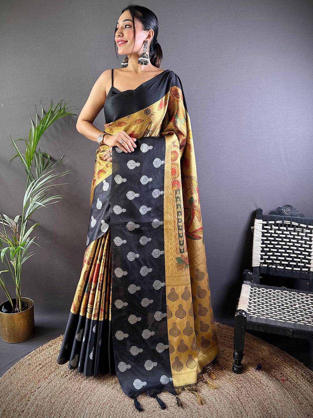 Mustard Yellow Kora Silk Kalamkari Print Saree