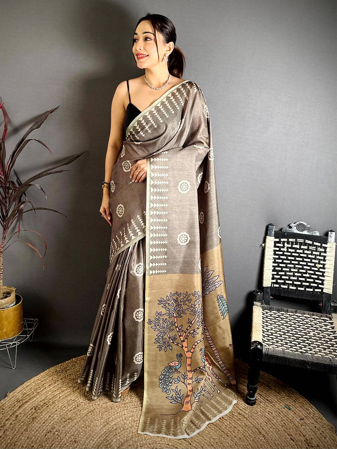Opulent Geometric Tussar Kalamkari Saree