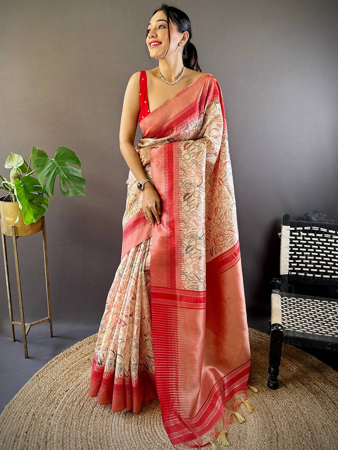 Off White Floral Tussar Silk Saree