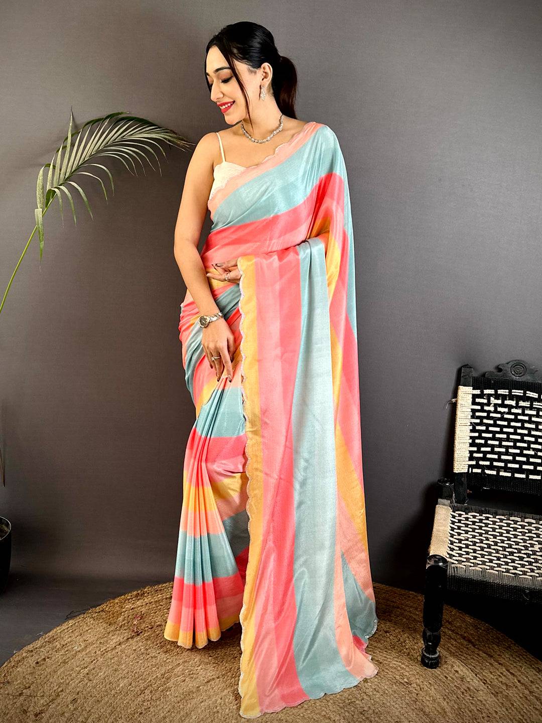 Radiant Soft Chiffon Swarovski Striped Saree