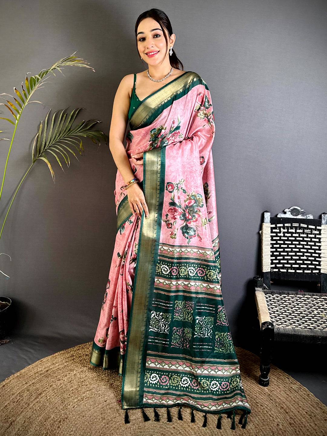 Majestic Pink Floral Dola Silk Saree