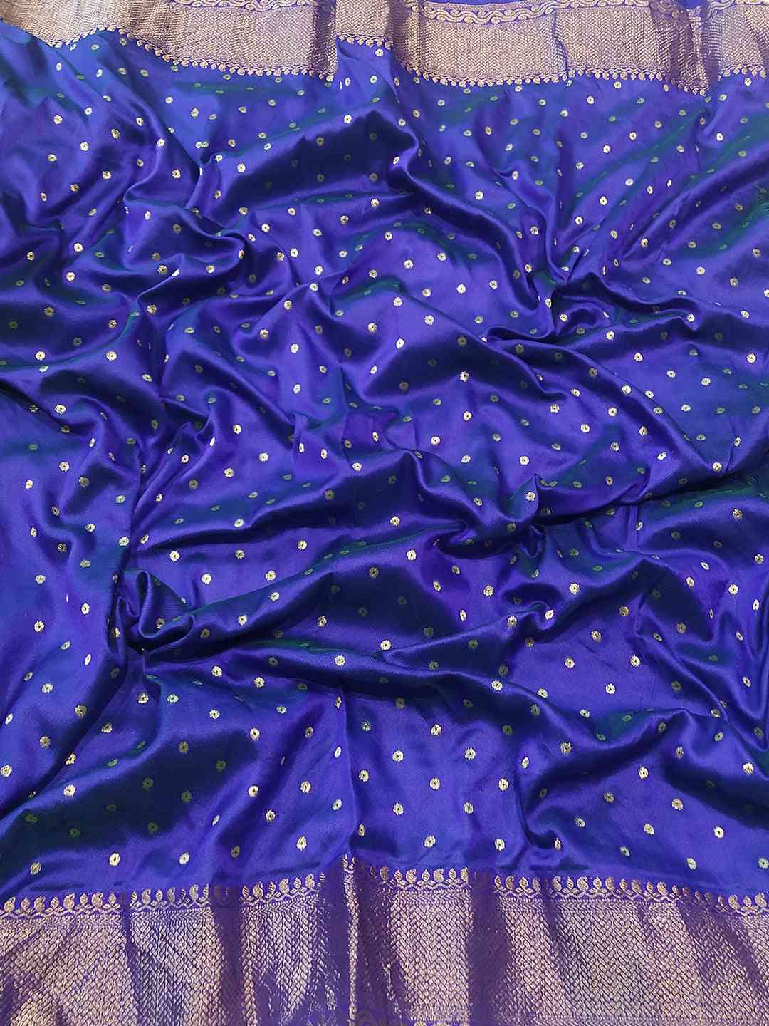 Rich blue Gadhwal silk saree fabric with embellishments