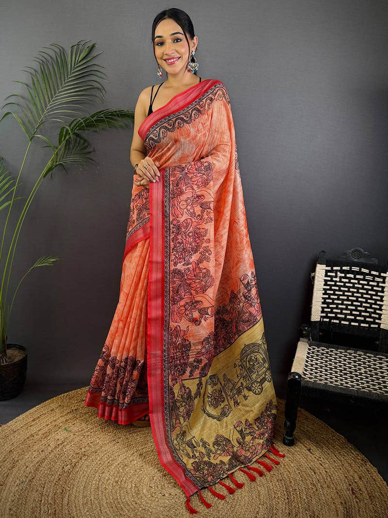 Red Linen Kalamkari Printed Saree