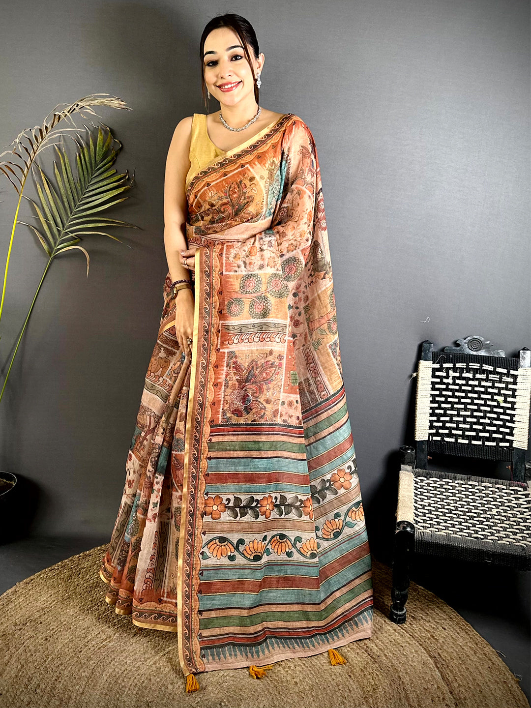 Heritage Minakari Kalamkari Linen Saree