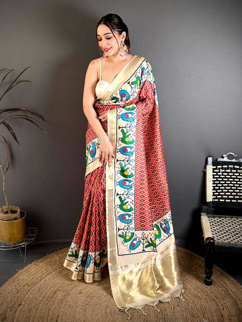Red Soft Kanchi Silk Ikkat Patola Saree