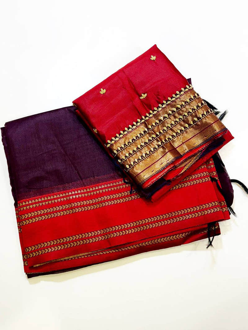 Regal Wine Banarasi Katan Silk Zari Saree With Maggam Blouse