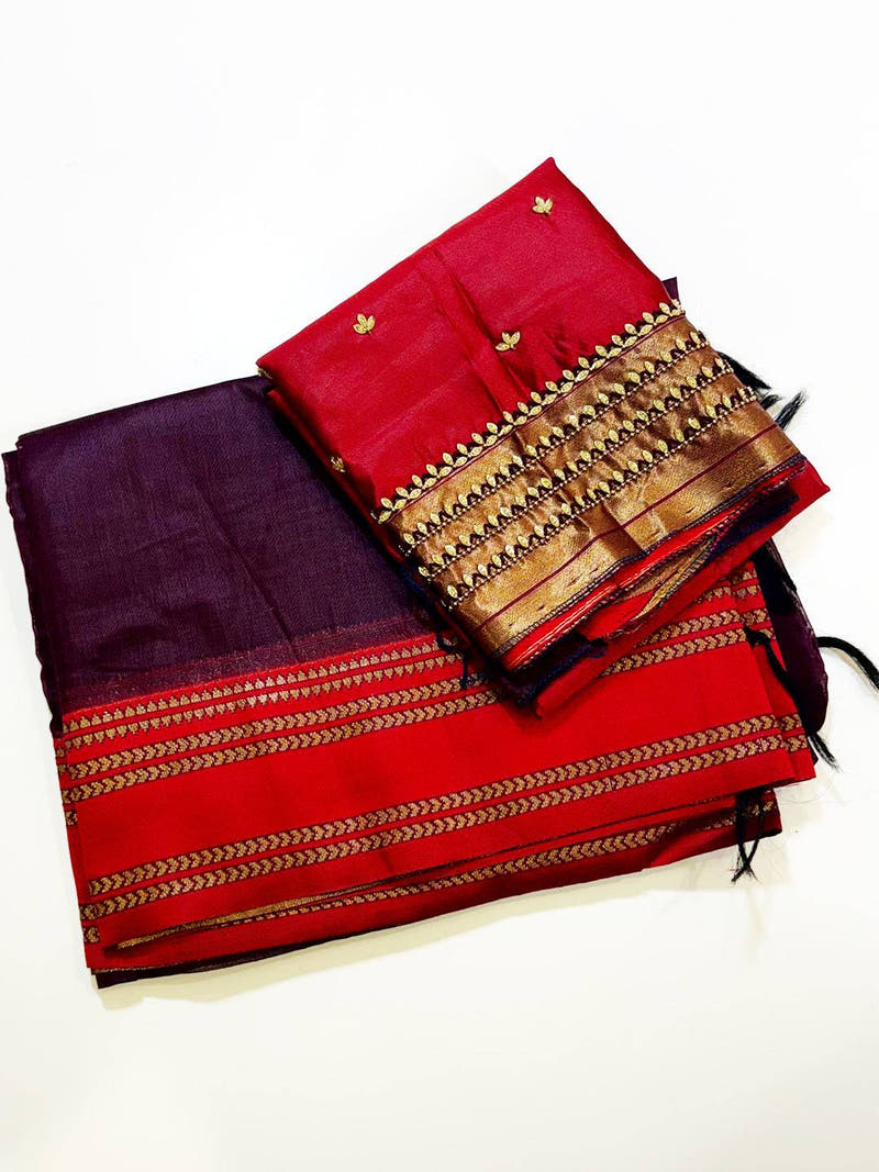 Regal Wine Banarasi Katan Silk Zari Saree With Maggam Blouse
