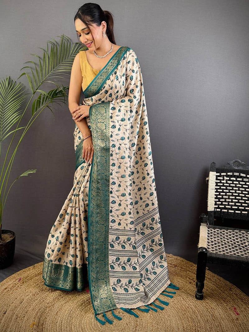 Radiant Leaf Print Soft Dola Silk Saree