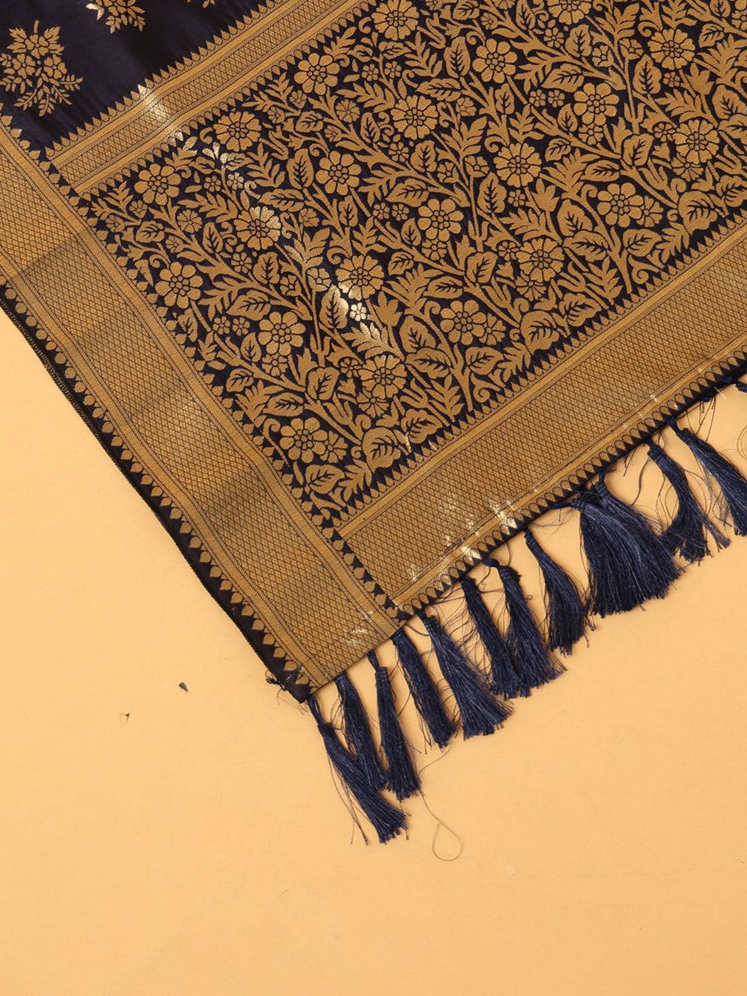 Close-up of navy silk blend dupatta with floral pattern