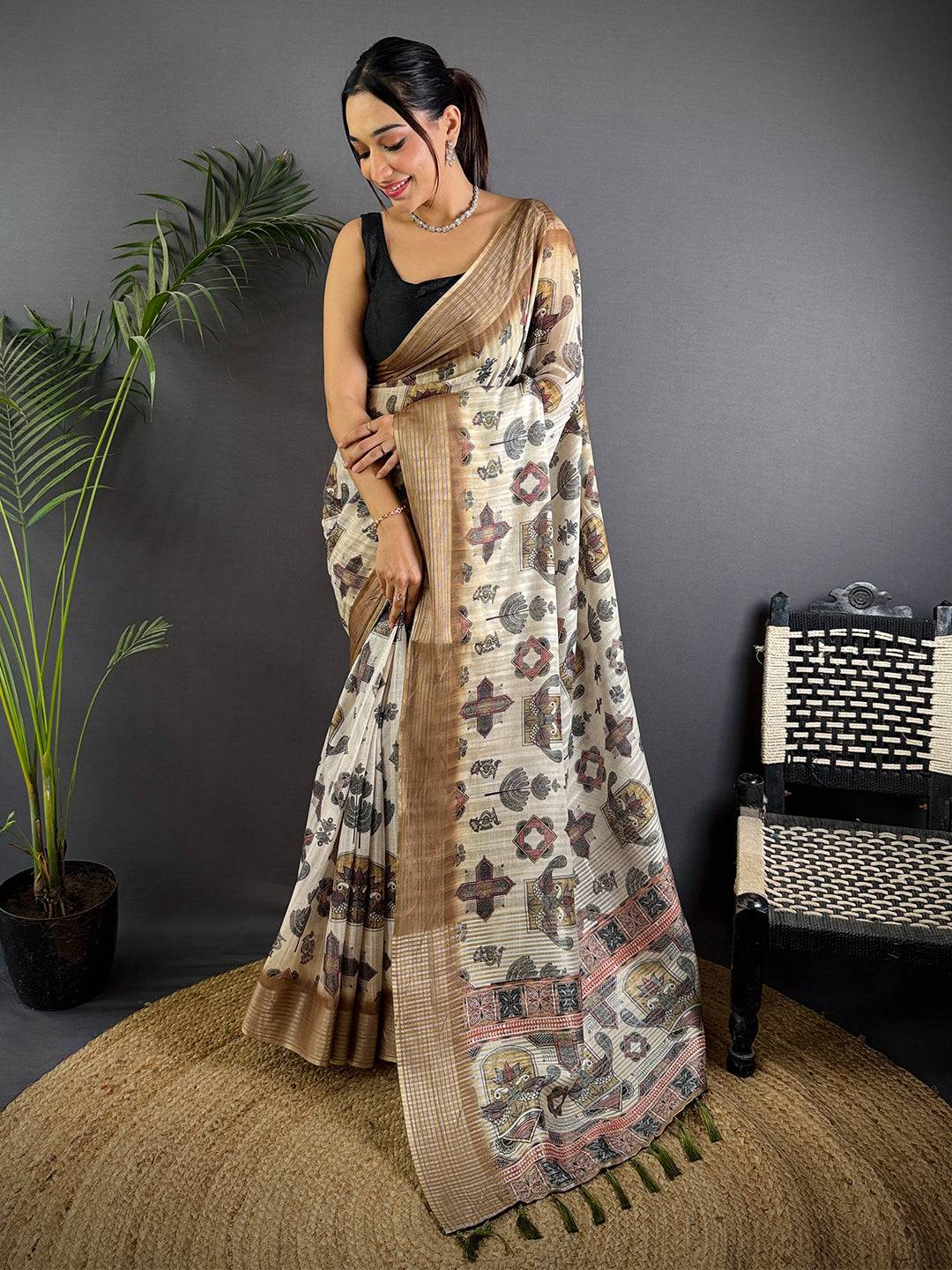 Ivory Linen Digital Printed Saree