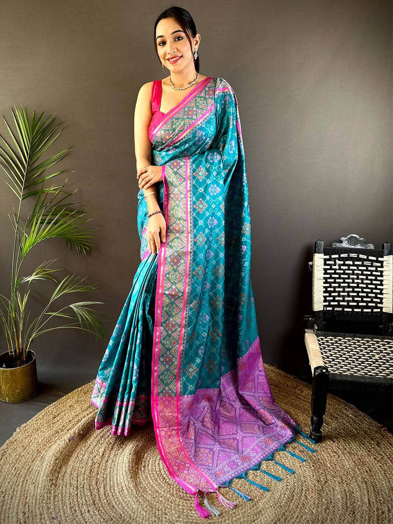 Sky Blue Pochampally Patola Soft Silk Saree