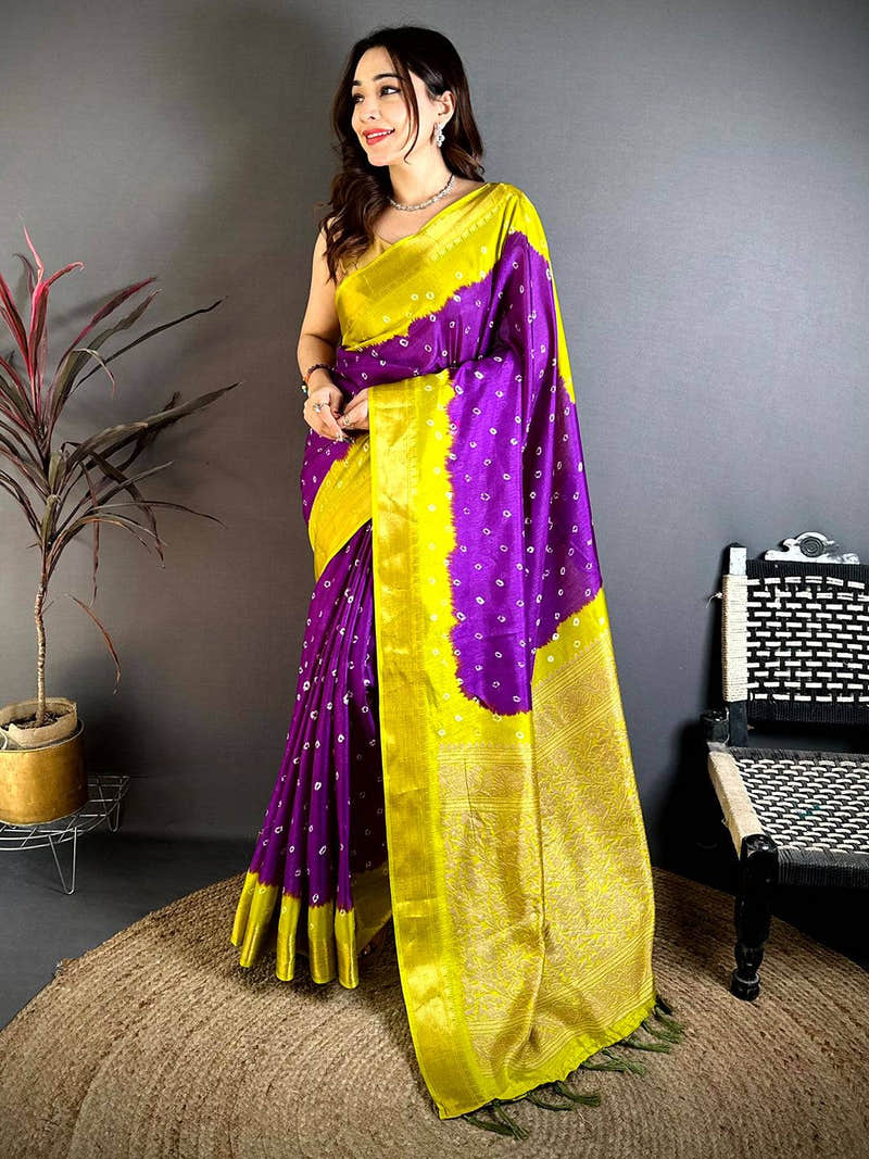 Purple Bandhej Printed Dola Silk Saree
