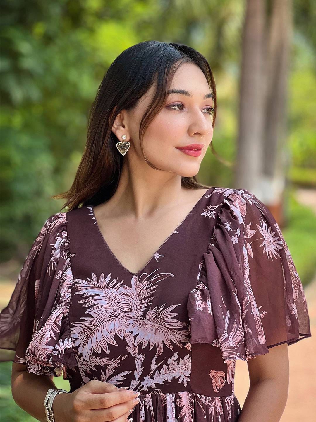 Close-up of Antheaa Coffee V-neck Maxi dress