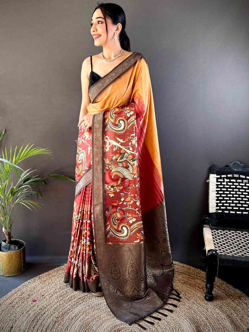 Marigold Kalamkari Ombre Soft Silk Saree