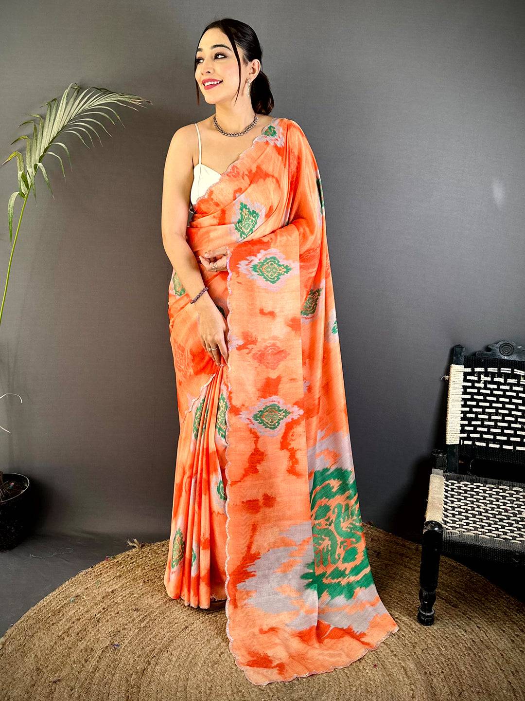 Stylish Stone Work Chinnon Floral Saree